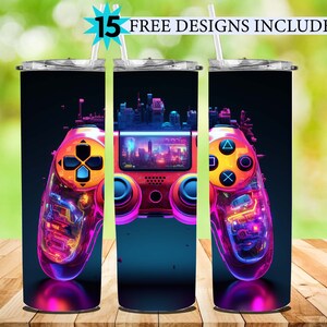 Neon Gamer Tumbler sublimeringsdesigner nedladdning PNG, Game Tumbler Wrap, Slim 20 oz Tumbler Design PNG, Spelkontroll