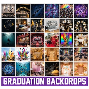 May include: A collage of thirty diverse graduation-themed backdrops featuring various scenes including balloon arches, confetti, graduation caps, and colorful smoke effects. The bottom of the image displays the text GRADUATION BACKDROPS.