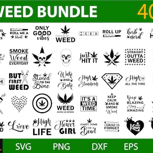 Peut inclure: Un lot de 40 designs numériques en noir et blanc sur le thème du cannabis. Les designs incluent des phrases comme "Roll Me a Blunt", "High Standards", "Keep Calm and Smoke Weed", et "Weed Rocks".