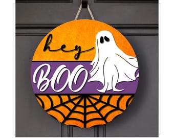 Hey Boo Ghost Sign Svg, Ghost Halloween welkomstbord Svg, Halloween deurhanger Svg, Hey Boo Svg, lasergesneden deurhanger SVG