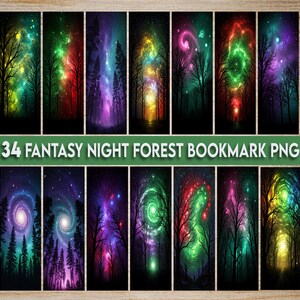 Bundle png de marque-page forêt fantastique nuit étoilée, marque-page forêt nuit fantastique, marque-page forêt nuit étoilée, sublimation de marque-page