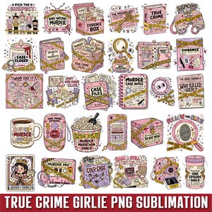 Könnte beinhalten: Eine Sammlung von Illustrationen zum Thema True Crime in Pink, mit verschiedenen Gegenständen wie Beweisboxen, Akten, Tassen, Kassetten und Lupen, die alle mit Tatortband und Texten rund um Ermittlungen und Kriminalfälle verziert sind.