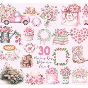 May include: Watercolor clipart set featuring pink roses and various Mother's Day themed items. Includes a pink truck, a hat, bouquets, a gift bag, a watering can, a cupcake, a teapot, a coffee cup, a bench, a candle, a cake, and boots.