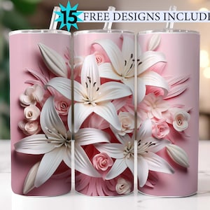 3D White Pink Lilies Flowers 20 oz Skinny Tumbler Sublimation Design, Straight And Tapered Tumbler Wrap, Instant Digital Download PNG