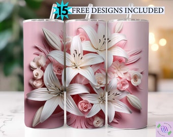 3D wit roze lelies bloemen 20 oz mager tuimelaar sublimatie ontwerp, rechte en taps toelopende tuimelaar wrap, instant digitale download PNG