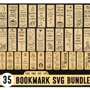 May include: A set of 35 bookmarks with book-themed quotes and illustrations, designed to look like wood. The bookmarks feature phrases such as "Just One More Chapter" and "Reading is my Therapy." The image also includes the text "Bookmark SVG Bundle."