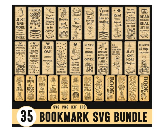 35 Bookmark Bundle Svg, Wooden Template Engraved Laser Cut Files, Book Lover Gift, Teacher Gift Glowforge File, Digital File, Book lover Svg