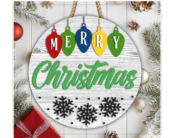 Merry Christmas welkomstbord SVG, deurhanger lasergesneden bestanden Glowforge, ronde kerstborden SVG, feestelijke deurhanger decor