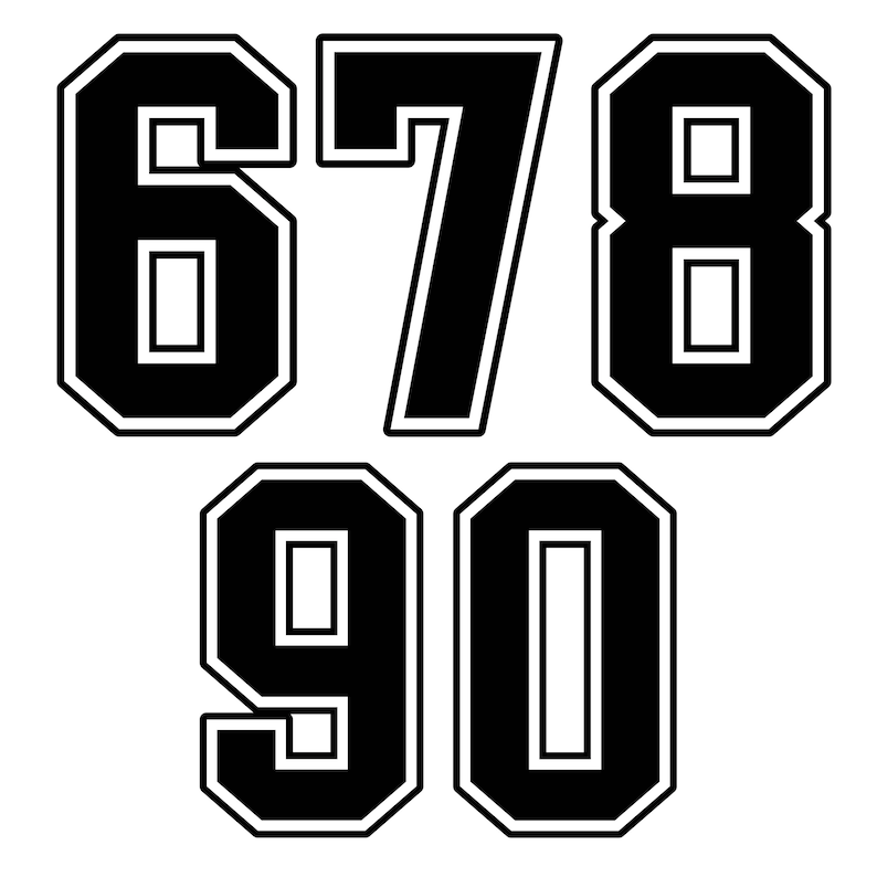May include: Black and white numbers 6, 7, 8, 9, and 0 in a bold, blocky font style. The numbers have a white outline and are set against a white background.