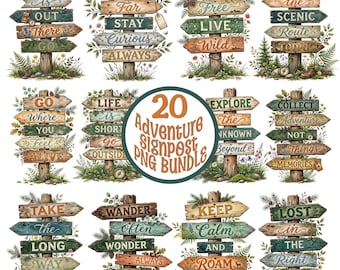 Adventure Signpost PNG Bundle, Rustic Wooden Signpost, Blank Directional Sign Clipart, Watercolor Travel Quotes, Rustic Wooden Clipart