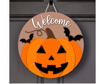 Halloween Door Welcome Sign SVG, round wood sign, glowforge, cricut, Laser Cut Files, Halloween Door Hanger Svg, Halloween decor