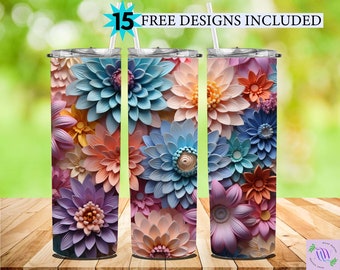3D Pastel Flowers 20 oz Skinny Tumbler Sublimation Design, Straight And Tapered Tumbler Wrap, Instant Digital Download PNG