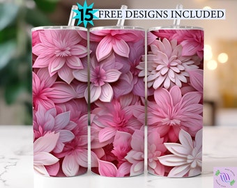 3D White Pink Flowers 20 oz Skinny Tumbler Sublimation Design, Straight & Tapered Tumbler Wrap, Instant Digital Download PNG