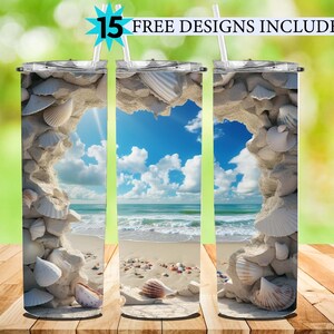 3D Cracked Wall Beach Sea Shells tumbler 20 oz Skinny Tumbler Sublimation Design, Island Beach Straight & Tapered Tumbler Wrap PNG, Digital