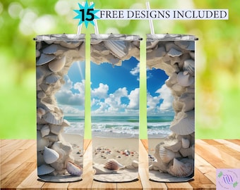 3D Cracked Wall Beach Sea Shells tumbler 20 oz Skinny Tumbler Sublimation Design, Island Beach Straight & Tapered Tumbler Wrap PNG, Digital