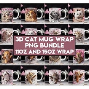 3D Cute Cat Mug Wrap Bundle, 11 oz & 15oz Mug Wrap, 3D Kitten Hole In A Wall Mug Wrap, Cat Mug Wrap Sublimation Design PNG