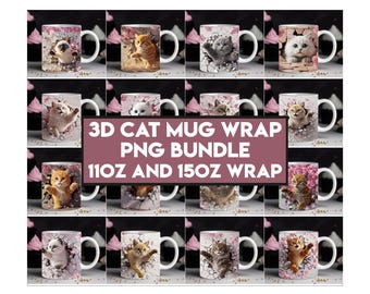 Pacchetto di tazze con gatto carino 3D, tazze da 11 oz e 15 oz, tazze con gattino 3D con buco nel muro, tazze con gatto con design a sublimazione PNG