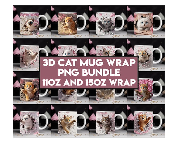3D Cute Cat Mug Wrap Bundle, 11 oz & 15oz Mug Wrap, 3D Kitten Hole In A Wall Mug Wrap, Cat Mug Wrap Sublimation Design PNG