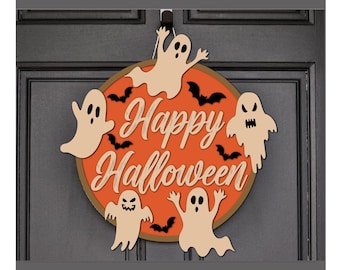 Happy Halloween Door Hanger Svg Laser Cut, Boo Ghost door hanger svg, Festive Door Hanger Decor, Happy Halloween door hanger svg cut file
