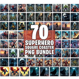 70 Superhero Square Coaster Bundle, Characters Coaster, Car Coasters Sublimation, Movie Characters Tumbler, Comic Superhero png