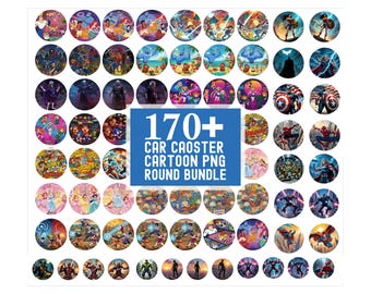 May include: A collection of over 170 round car coasters featuring various cartoon characters and designs. The coasters showcase characters from Disney, DC Comics, Marvel, and other animated series. The text "170+ CAR CAOSTER CARTOON PNG ROUND BUNDLE" is displayed.