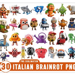 Może przedstawiać: Zbiór 30 fantazyjnych wzorów sublimacyjnych PNG z postaciami antropomorficznymi. Postacie obejmują dom, filiżankę kawy, rekina, liczbę i różne inne obiekty. Tekst "30 ITALIAN BRAINROT PNG" jest wyświetlany na pomarańczowym banerze.