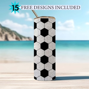 Diseño de sublimación de vaso flaco de 20 oz sin costuras con purpurina de fútbol, diseño de vaso de sublimación con estampado de pelota de fútbol sin costuras, balones de fútbol