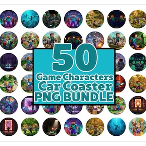 May include: A set of 50 round car coasters featuring various characters from a popular video game. The coasters are printed with colorful images of the characters against a white background. The text "50 Game Characters Car Coaster PNG Bundle" is displayed in a large, bold font.