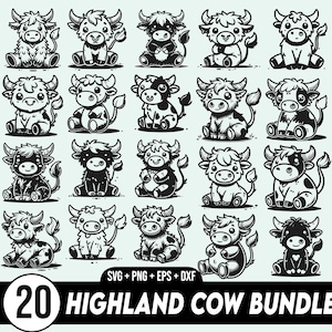 Niedliches Highland Kuh-Svg-Bundle, Highland Kuh Design, süße Kuh mit Blumenmotiv, Highland Kuh Sublimation, Babykuh svg, Highland Kuh Clipart