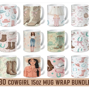 Coquette Cowgirl Mug Wrap bundle, Cowgirl Boots and Bows Western Hat Horseshoe, Pink Cowgirl Mug Wrap, Cowboy Western, Country Music lover
