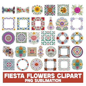 Mexican Fiesta Flowers Clipart, Cinco de Mayo Clipart, Mexican Folk, Otomi Floral, Talavera Watercolor Borders & Frames, PNG Mexican Fiesta