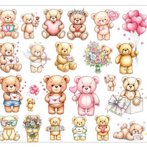 May include: A selection of watercolour teddy bear illustrations. The bears are in various poses, holding hearts, flowers, balloons, and gifts. Some bears have angel wings or wear glasses. The colour palette includes shades of brown, pink, and yellow.