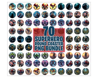 May include: A collection of 70 superhero-themed round coasters. Each coaster features a different superhero illustration. The coasters are arranged in a grid pattern. The image includes the text "70 Superhero Round Coaster PNG Bundle."