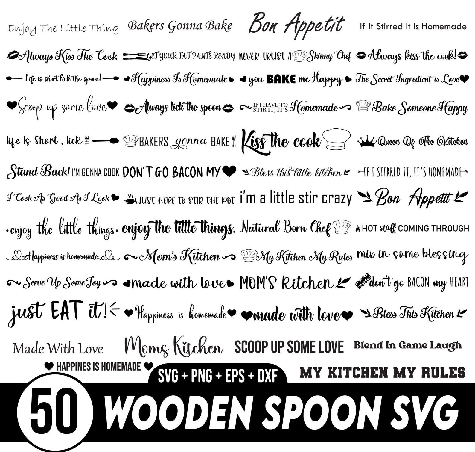 Kitchen Font Spoons Wooden Spoon Svg Bundle, Funny Kitchen Quotes Svg, Spoon Handle Sayings ...