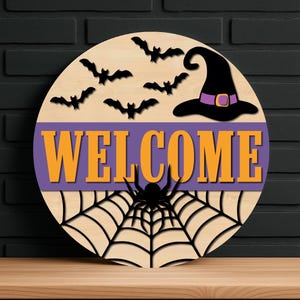 Halloween Welcome Sign Svg, Halloween Door Hanger Svg, Halloween decor, round wood sign, glowforge, cricut, Laser Cut Files