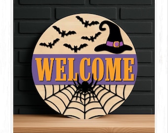 Halloween Welcome Sign Svg, Halloween Door Hanger Svg, Halloween decor, round wood sign, glowforge, cricut, Laser Cut Files
