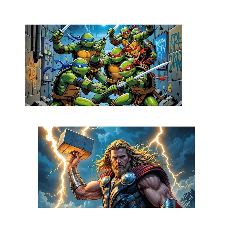 May include: A group of four Teenage Mutant Ninja Turtles in green, black, and blue, with weapons, standing in a city alleyway. The turtles are facing forward and looking at the viewer. The background is a brick wall with graffiti.