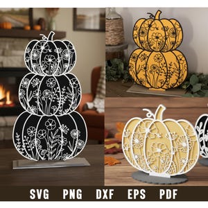 Puede incluir: Recortes decorativos de calabazas en negro y naranja, con diseños florales. Se muestra una pila de tres calabazas y dos calabazas individuales. La parte inferior de la imagen muestra los tipos de archivo: SVG, PNG, DXF, EPS y PDF.
