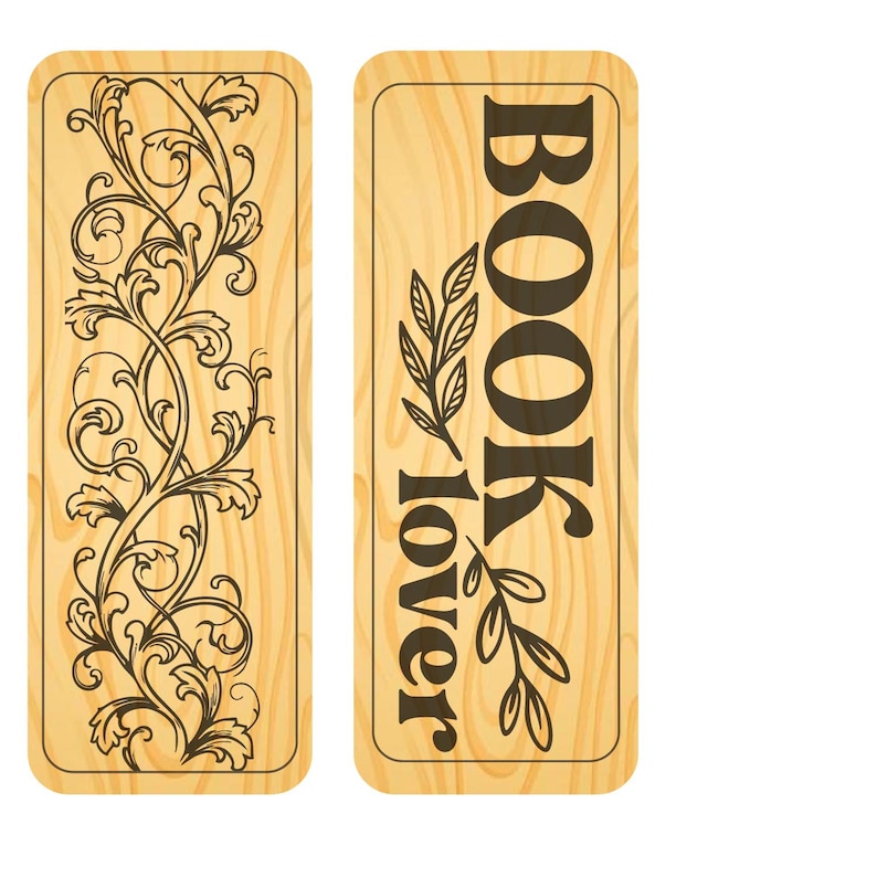 May include: Two wooden bookmarks. One features an intricate black floral design on a light wood grain background. The other bookmark has the words "BOOK lover" in black, with leaf accents. Both bookmarks have rounded corners.