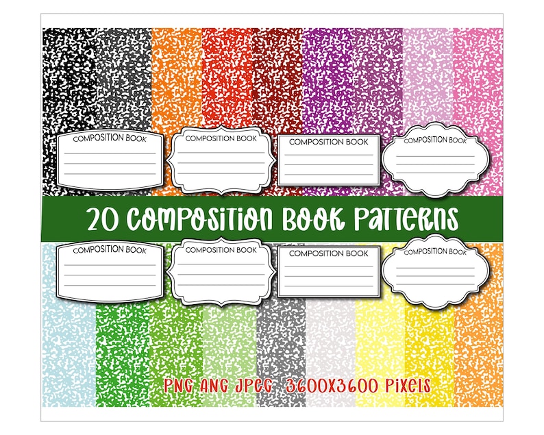 May include: A collection of 20 composition book patterns in various colors, including black, gray, orange, red, purple, and pink. Each pattern features a speckled design. The image includes labels that say "COMPOSITION BOOK" and the text "20 COMPOSITION BOOK PATTERNS".
