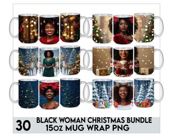 Afro Black Girl  Christmas Mug Wrap Bundle 15 Oz, Christmas Mug Wrap, African American Mug Wrap bundle, Strong Woman PNG, Afro PNG