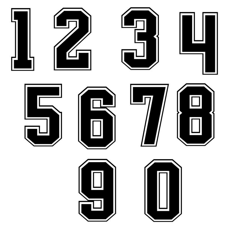 May include: Black and white outlined numbers 1 through 0 in a bold, blocky font style. The numbers are in a single row, with the first four numbers on the top row and the remaining six numbers on the bottom row.