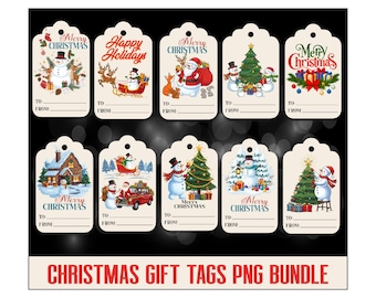 May include: A collection of Christmas gift tags with various festive illustrations. Designs include snowmen, Santa Claus, Christmas trees, and holiday scenes. Each tag has space for "To" and "From" and the words "Merry Christmas" or "Happy Holidays".