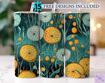 Flores de diente de león coloridas 3D Diseño de sublimación de vaso flaco de 20 oz, Envoltura de vaso recto y cónico, Descarga digital instantánea PNG