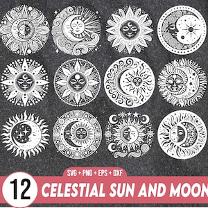 May include: Twelve black and white celestial sun and moon illustrations with intricate details. The designs feature suns, moons, stars, and crescent shapes.