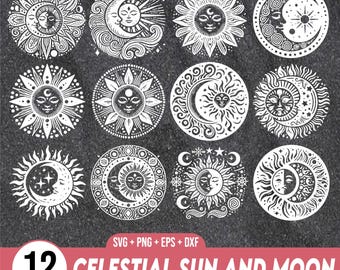 Celestial Sun and Moon Svg Bundle, Vintage Sun and Moon Png, Sun and Moon Silhouette Png, Bohemian Sun and Moon Png, Celestial svg