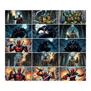 May include: A collage of comic book characters, including Deadpool, Venom, and the Teenage Mutant Ninja Turtles. The characters are depicted in various poses and settings, including a dark, gothic cathedral and a cityscape.