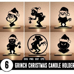Könnte beinhalten: Sechs Grinch-Weihnachts-Kerzenhalter in schwarzer Silhouette, jeweils auf quadratischer Basis. Der Grinch trägt einen Weihnachtsmannhut. Der Text "6 GRINCH CHRISTMAS CANDLE HOLDER" wird darunter angezeigt.