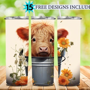 3D Highland Baby Cow em balde Design de sublimação de copo magro de 20 onças, envoltório de copo reto e cônico, download digital instantâneo, png