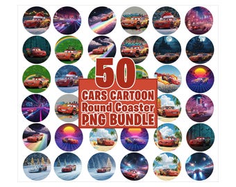 May include: A set of 50 round coaster PNG images featuring Cars cartoon characters. The coasters are in a variety of colors and designs, including red, blue, green, and yellow. The images are perfect for creating custom coasters for your home or business.
